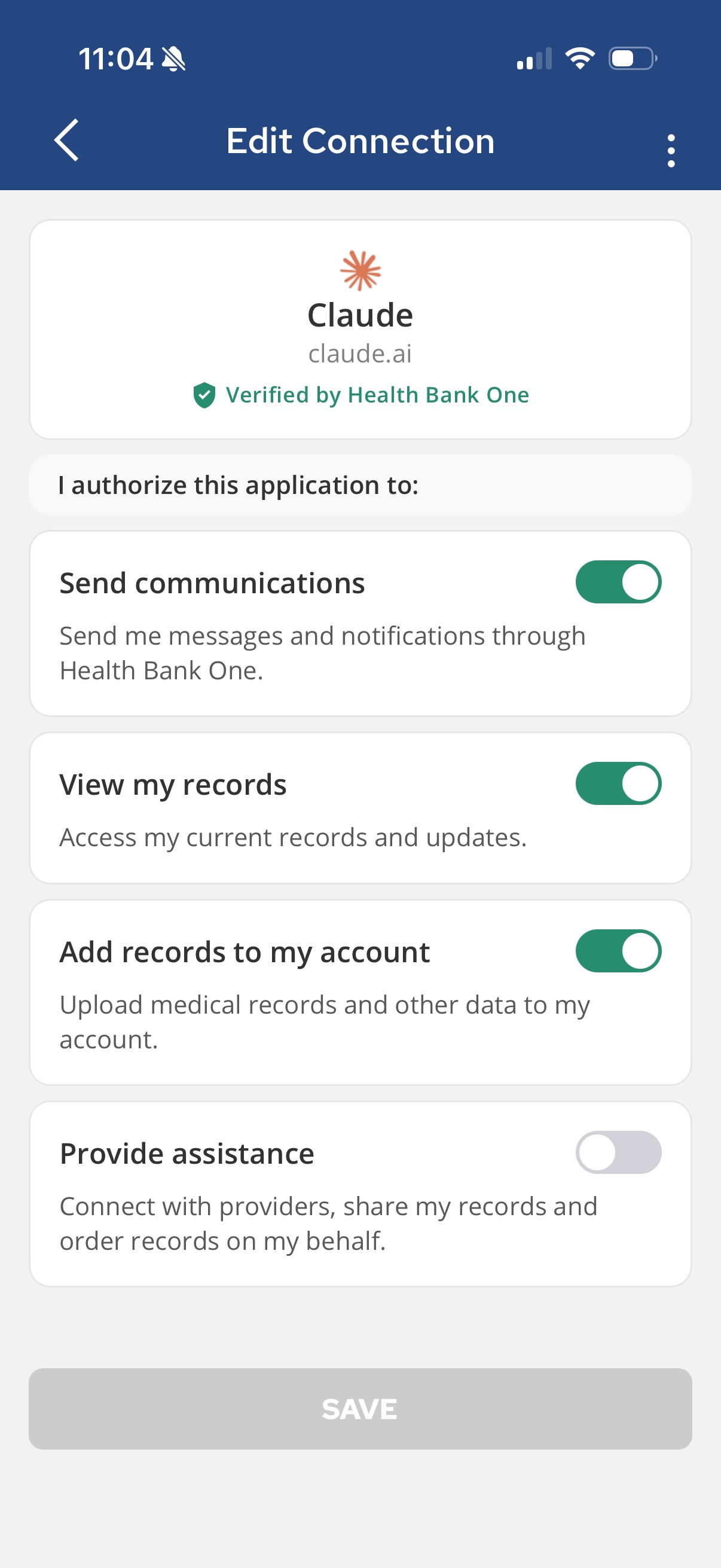 Edit Connection: four authorizations on one screen — Send communications, View my records, Add records to my account, Provide assistance